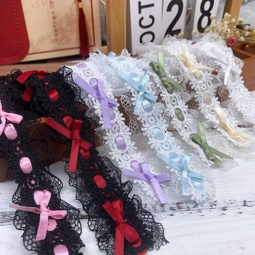 New 1Yard Lace Trim Ribbons Bows & Pleated Handmade Fabric Floral Lace Ribbon Hair Accessories Wedding Decorations