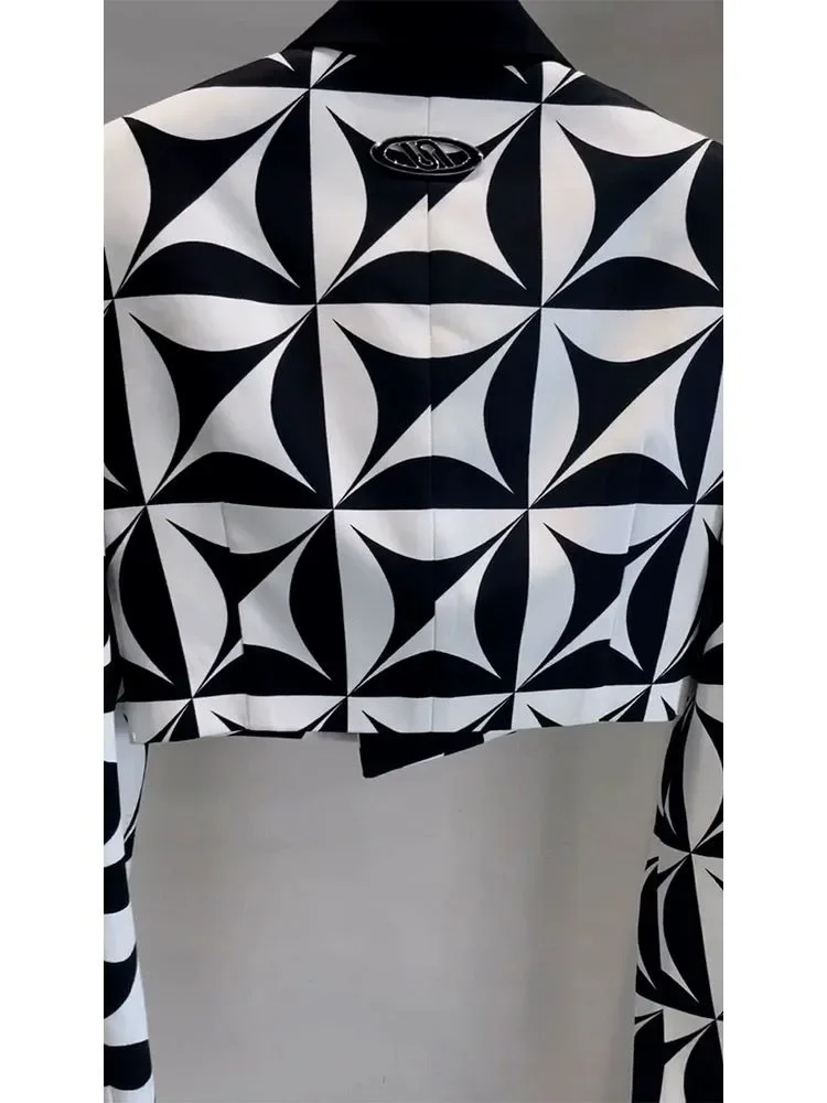 Damen Turn Down Kragen geometrische Muster Anzug Jacke Frühling Herbst ol Blazer Mantel schwarz und weiß Strickjacke hohe Taille Outwear