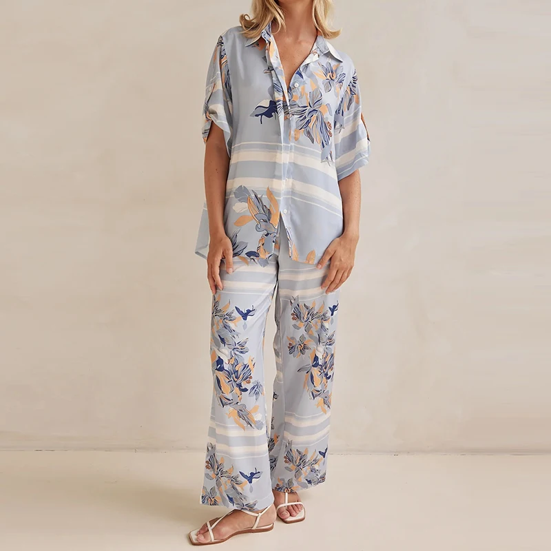 

Elegant Lady Satin Outfits Vintage Plant Print Homewear Two Piece Sets Casual Single Breasted Pocket Shirts&Straight Pants Sets