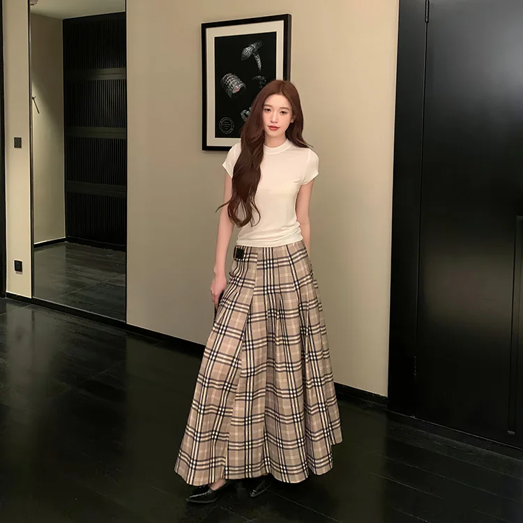 

Женская летняя новая асимметричная плиссированная длинная юбка-трапеция Goodbye Little Bear в винтажную клетку из полиэстера