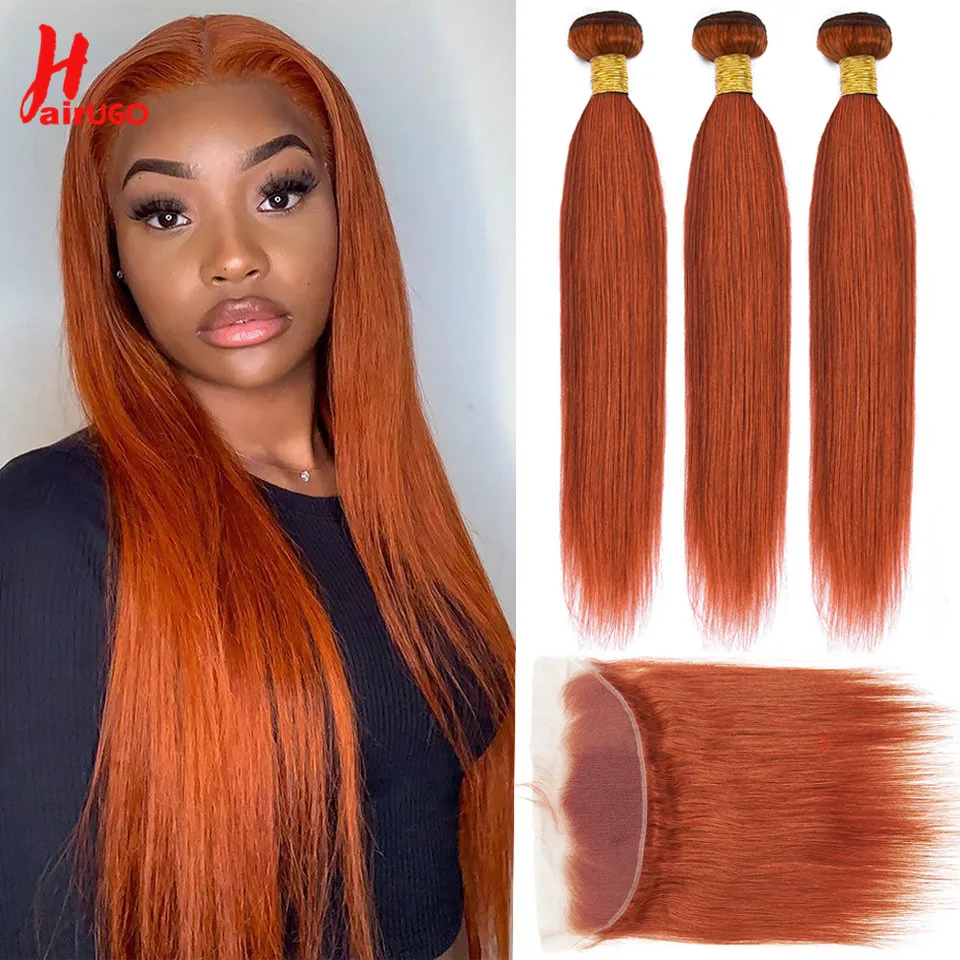 Ginger Orange Bundles With Front Brazilian Orange 13x4 Front With Human Hair Bundles Remy Hair Weaving HairUGo Transparent Lace