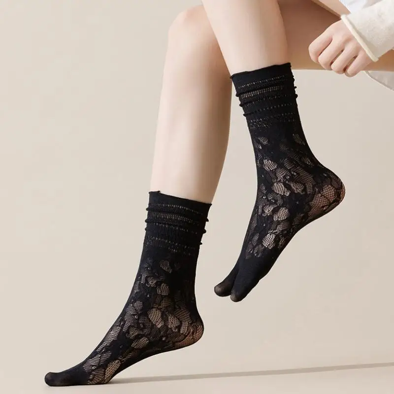 1 par de meias de dedo do pé de renda feminina verão oco malha cinco dedos meias de algodão de tubo alto com dedos separados