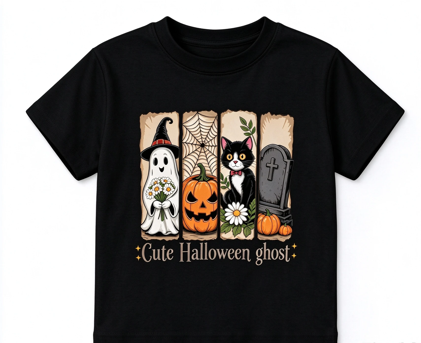 Cute Halloween Ghost Kids T Shirt Retro Pumpkin Black Cat Print Boys Girls Short Sleeve Tee Children Holiday Party Top