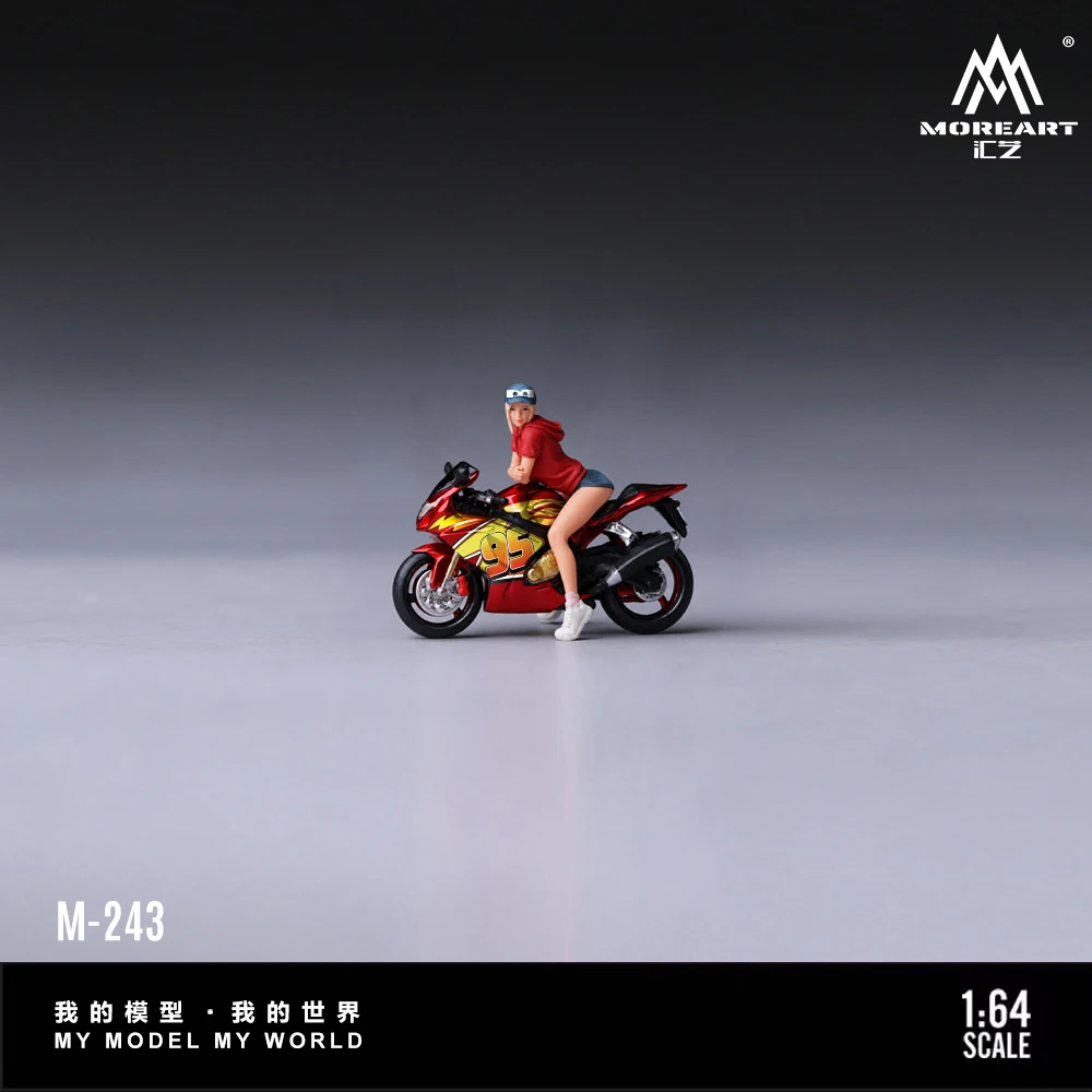 MoreArt 1:64 Resin Model Motorcycle Lightning Red Trendy Girl Figure Set Mini Scene Collectible Doll view 3