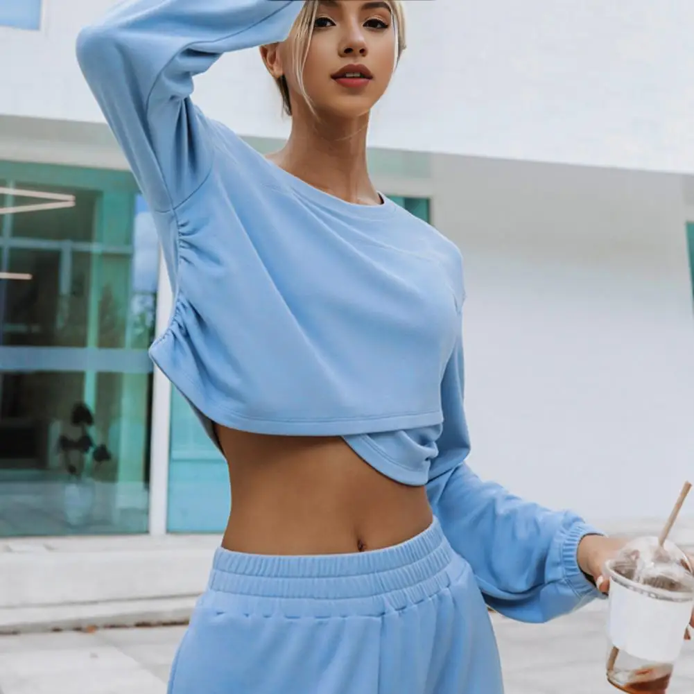 Women Casual Outfit Stylish Women's Top Pants Set with Long Sleeve Sweatshirt High Waist Wide Leg Trousers for Sport Fitness