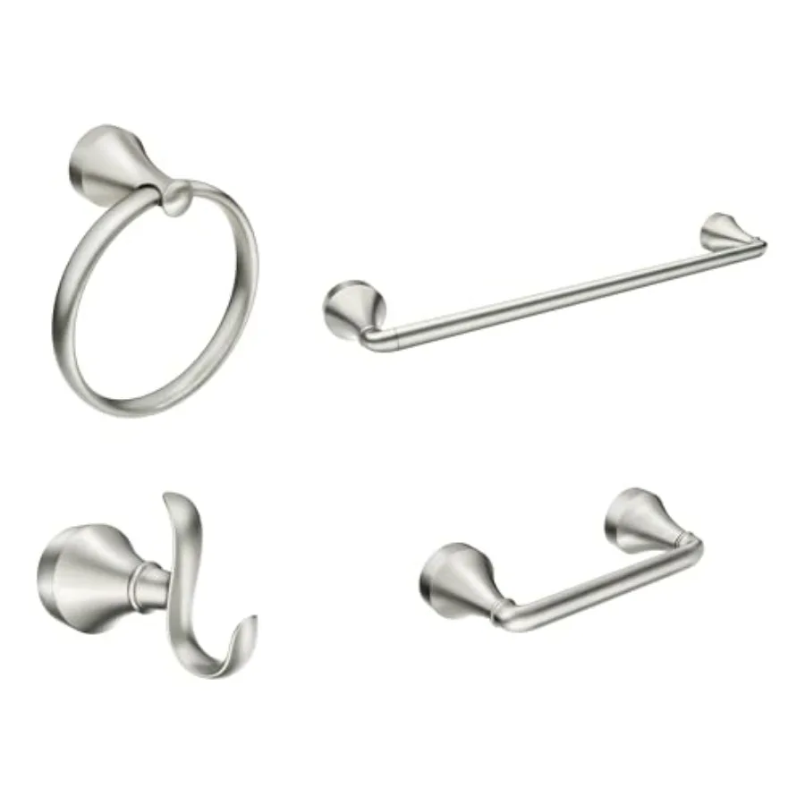 

Wellton Brushed Nickel 4-Piece Bathroom Accessory Collection Includes Towel Ring Robe Hook Towel Bar and Pivoting Toilet Paper