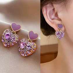 925 Silver Needle Korean Fashion Purple Crystal Heart Drop Earrings For Women Jewelry 2026 Trending New Luxury Women's Earrings