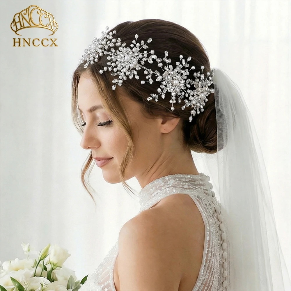 HNCCX Luxury Rhinestone Pearl Bride Headband Earring Setting Handmade Wide Hair Band Wedding Headpieces Accessories HP389