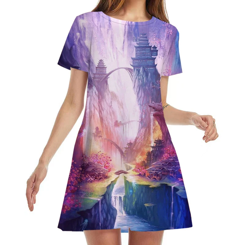 Tie Dye Gradiënt Print Schilderij Vrouwen Jurk Vintage Korte Mouwen A-lijn Jurk Oversized Losse Dames Zomer Kleding Vestidos