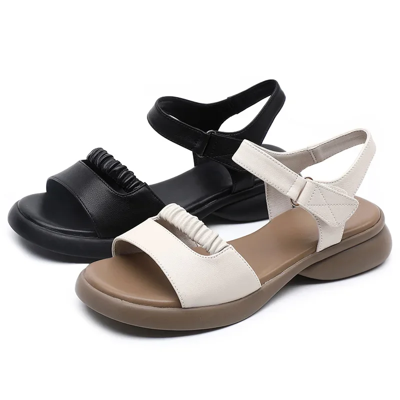 Summer Superior Cowhide Women Leather Sandals Flat Soft Sole Comfort Anti Slip Large Size Sandals Casual Shoes