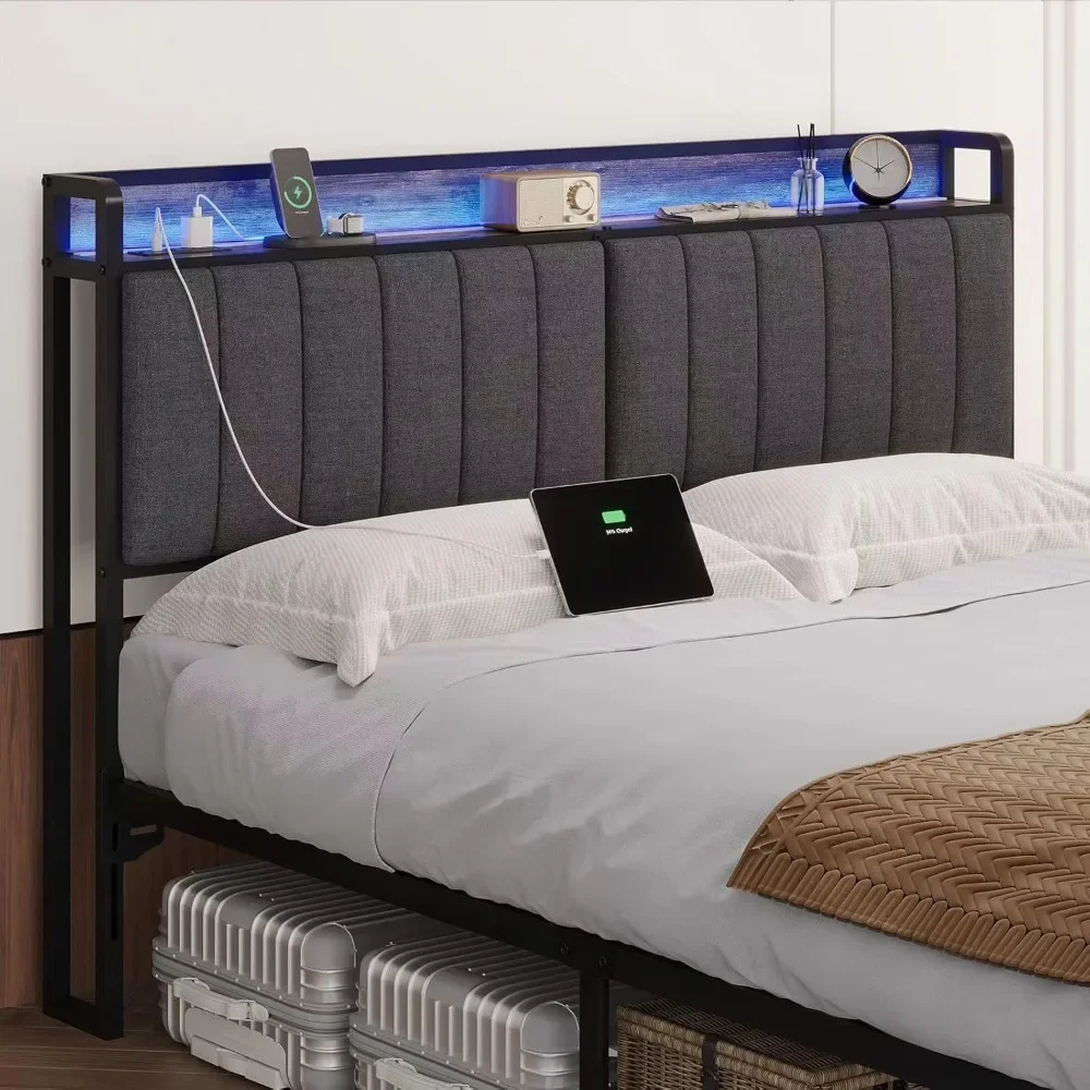 Headboard with LED Lights & Charging Station, USB & Type C Port, Linen Upholstery, Headboard Only, Height Adjustable