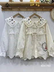 New Autumn Cotton Long Sleeve Shirt, Women Peter Pan Collar Embroidery Top, Mori Girl Retro Sweet Loose Blouses, Winter T48834QC