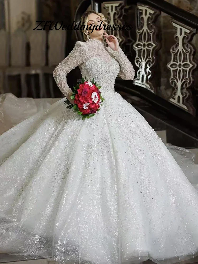 Customized Luxurious Wedding Dress High-Neck Organza With Embroidery Beading Gown Fullsleeve Bride Lace Up Vestido De Novia