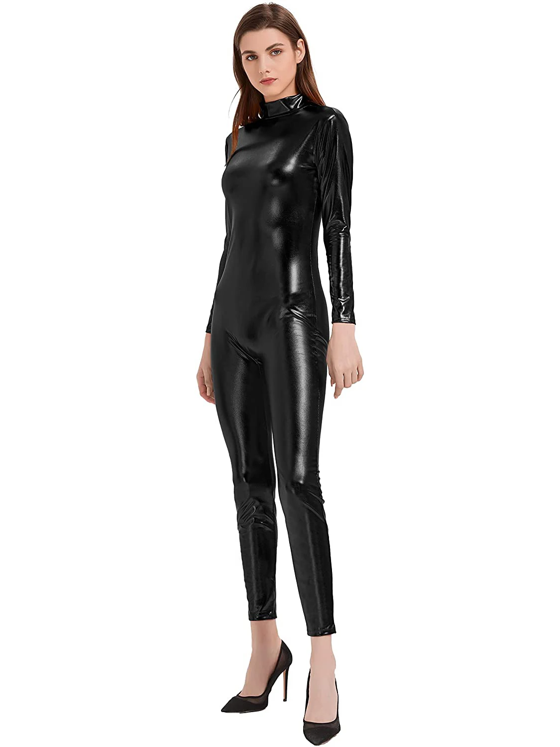 speerise Women Shiny Metallic Unitard Long Sleeve Catsuit Bodysuit Spandex Turtleneck Long Sleeve Footless Unitards for Womens