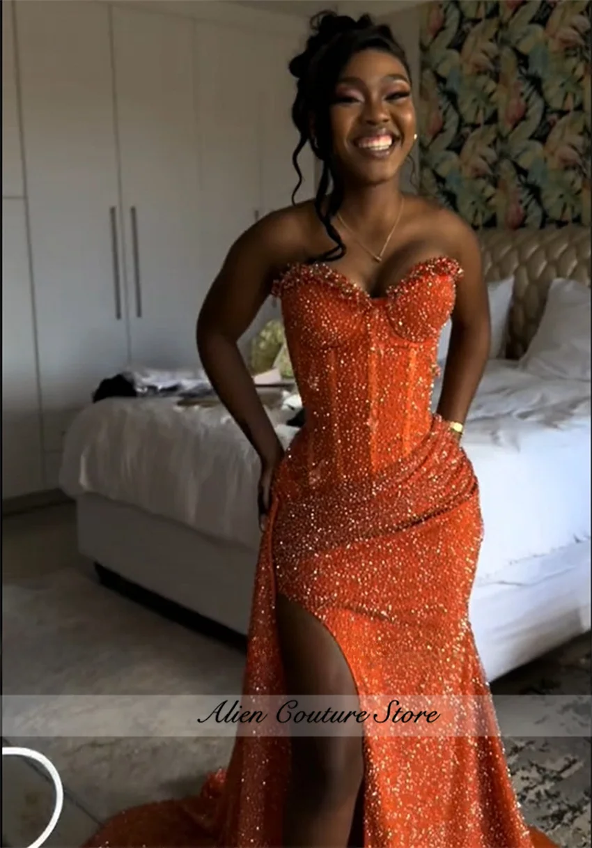 Sparkle High Split Evening Dresses Orange Beading Diamonds Dinner Dress African 2025 Wedding Prom Party Dress Customized