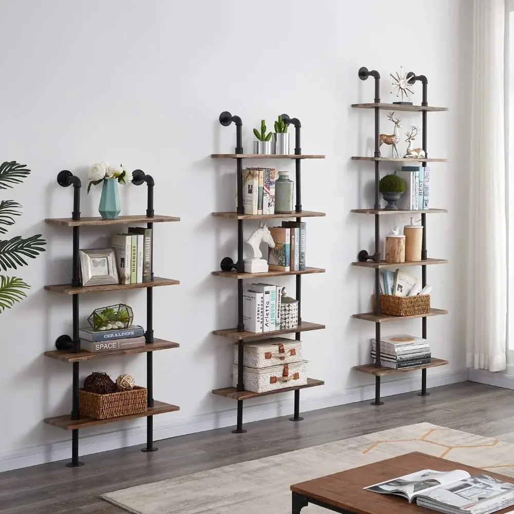 Industrial Bookshelf 6-Tier Modern Ladder Shelf,  Metal Pipes and Wood Shelves, Display Bookshelf for Storage Collection