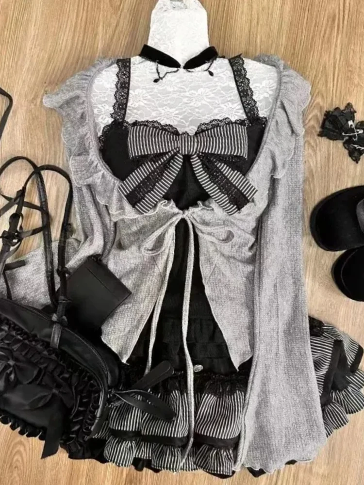 Japanese Style Sweet Preppy Chic 3 Piece Set Skirt Suit Grey Flounce Cardigan+Black Lace Vest+Slim Cake Skirt Women 2024 Clothes