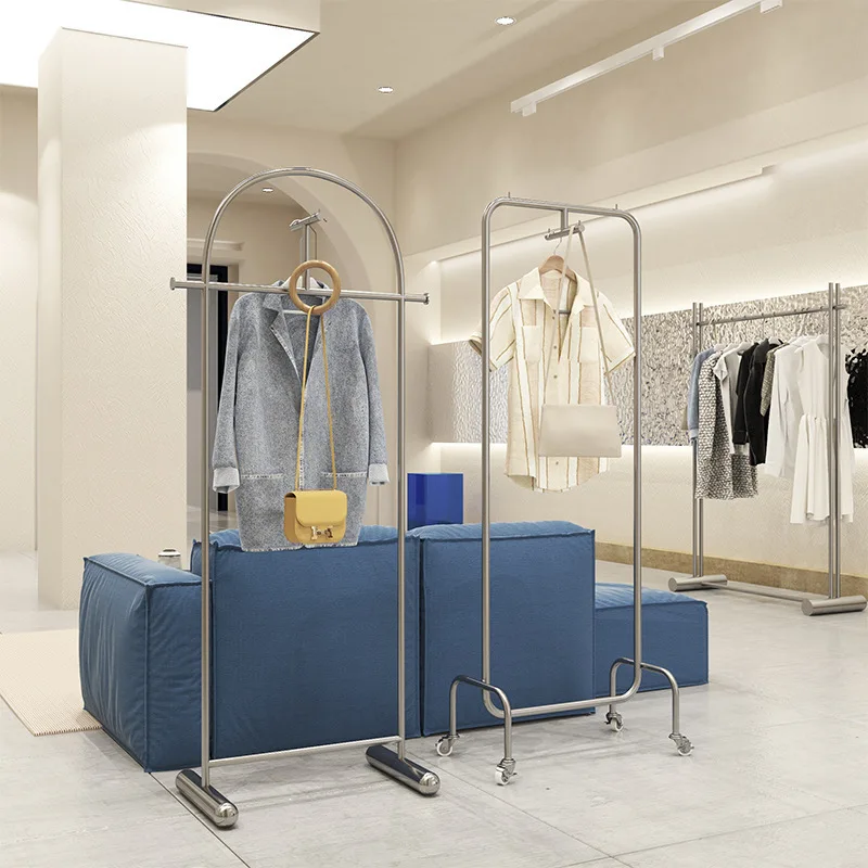 Customized Clothing Display Rack Stainless Steel Floor-Standing with Wheels Island Shelf Mobile Hanging Display Props Men's