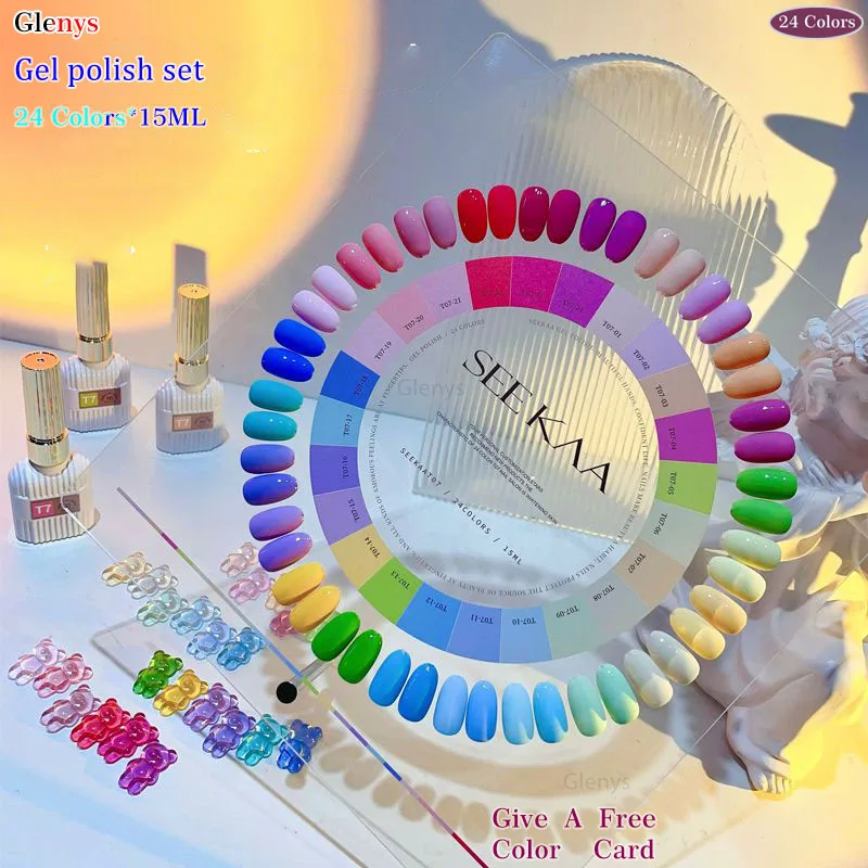 

Glenys 24 color fluorescent diamond nail polish glue popular immersion gel nail salon essential color matching card varnish set