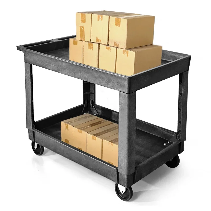 Factory Sale 500LBS Two Shelf Plastic Service Cart Heavy Duty Utility Cart With Ergonomic Handle