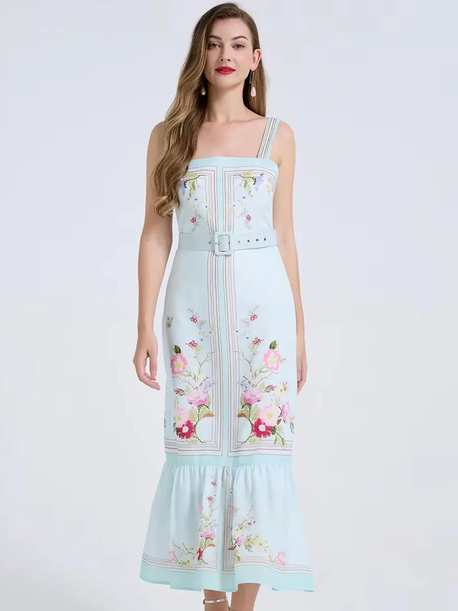 Elegantes Sommerkleid mit Blumenmuster für Damen, Schulterfreies Langarm-Kleid mit Quadratischem Ausschnitt, Figurbetontes Meerjungfrauenkleid