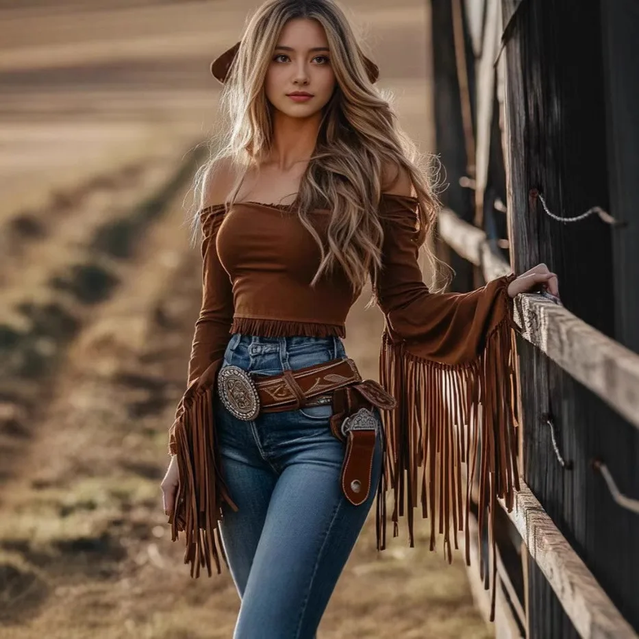 Summer Clothes Crop Long Sleeve Blouse Off Shoulder Fringe Blouses Slim Fit Bell Sleeve Top Solid Color Ruffled Hem Tops