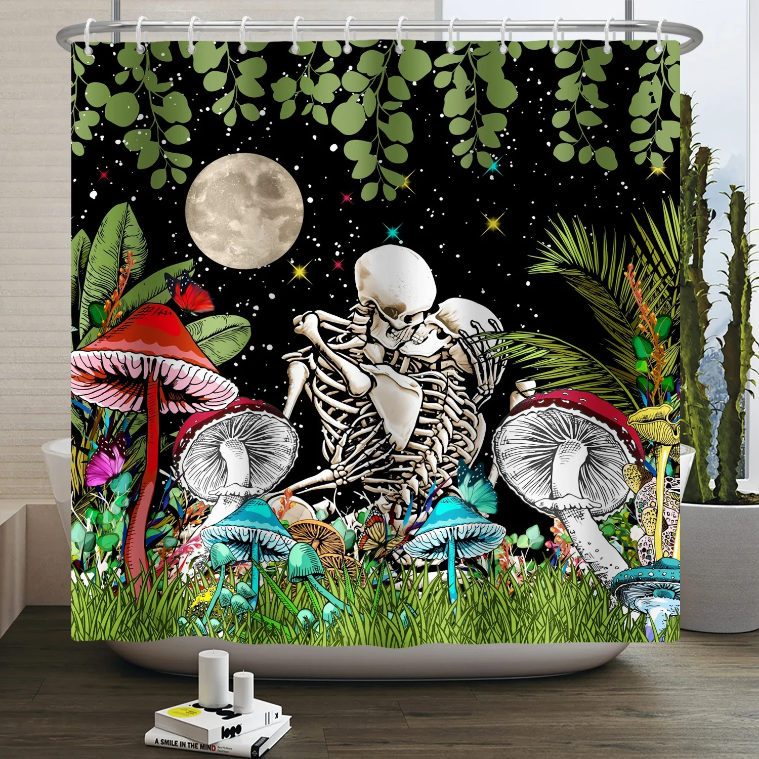 Sugar Skull Shower Curtain for Bathroom Psychedelic Kiss Skeleton Flower Mushroom Plant Floral Gothic Waterproof Bath Curtain