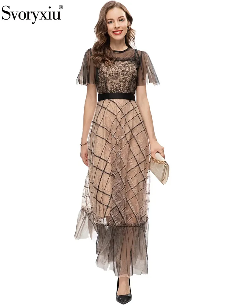 

Svoryxiu Summer Fashion Vintage Plaid Net Yarn Long Dress Women's Embroidery Elastic Waist Slim Flounces Big Swing Dress