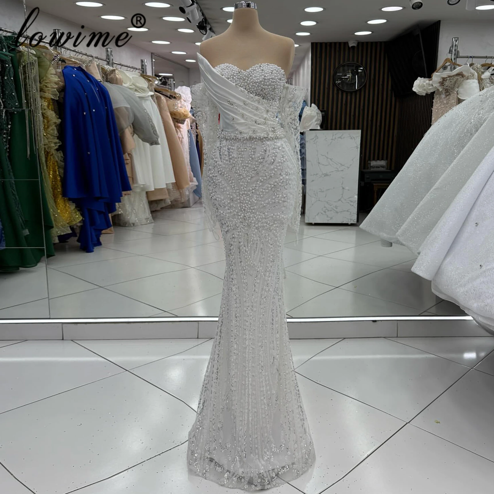 

Ivory Fashion Mermaid Prom Dress Off Shoulder Long Sleeve Evening Dress Luxury Pearl Crystal Wedding Party Dress Customized 2026