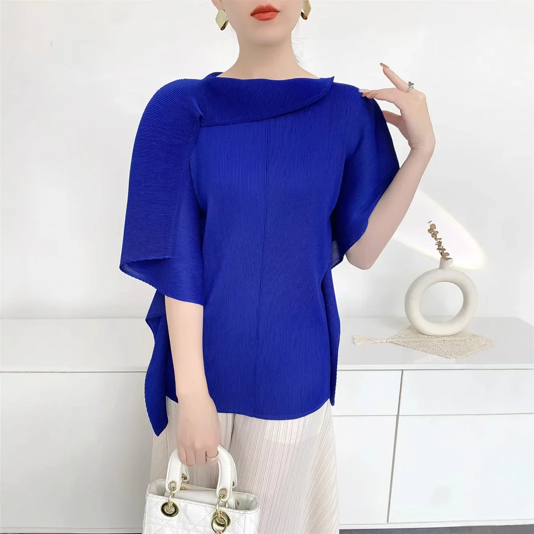

SXZ Miyake 2025 Summer Pleated Tops Women Comfortable Casual T-shirt Loose Skinny Cross Border Niche Design Sense Irregular