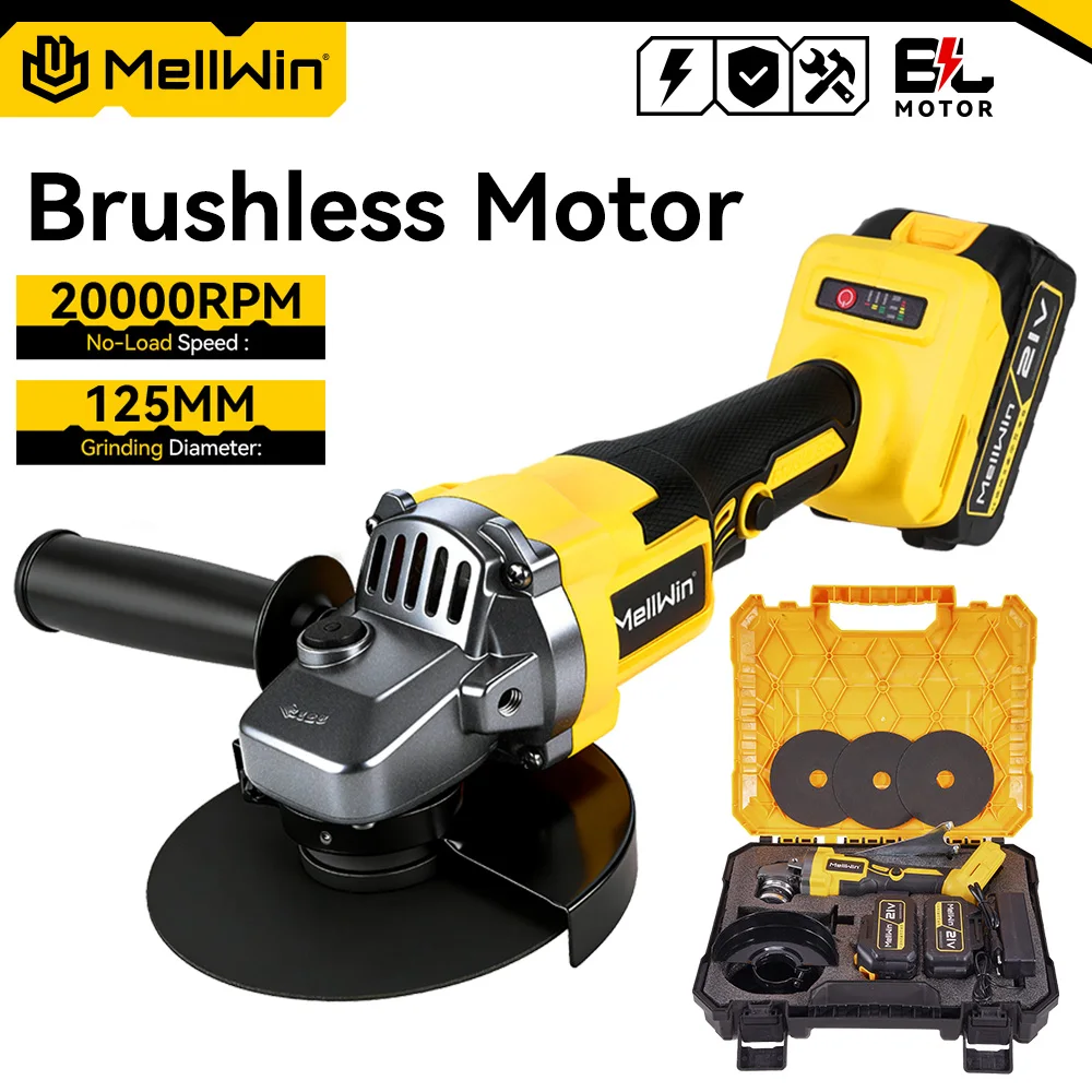 MELLWIN 125MM Bürstenloser Elektrischer Winkelschleifer 3-Gang M14 Schneid- und Poliermaschine Holzbearbeitungswerkzeug für Makita 18V Akku