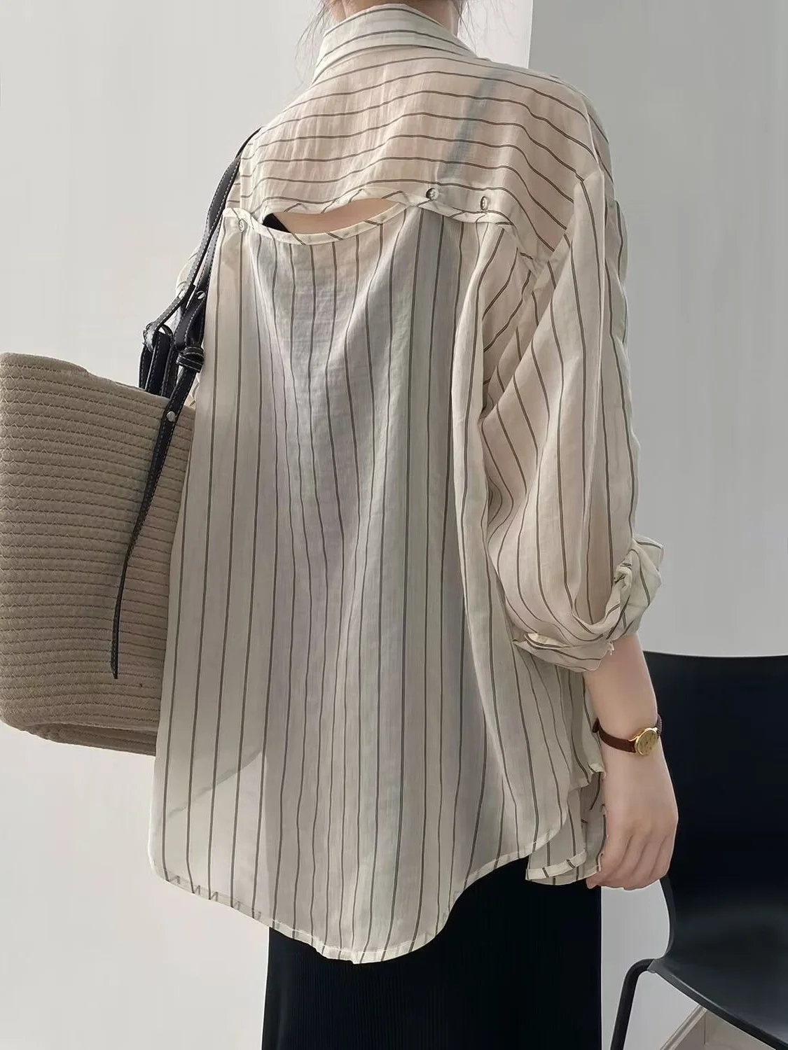 

plus Size Women's Striped irt Hollow out Sun Protection Spring Cardigan Outerwear Ins Sle Commute Korean Loose Fit Long S...