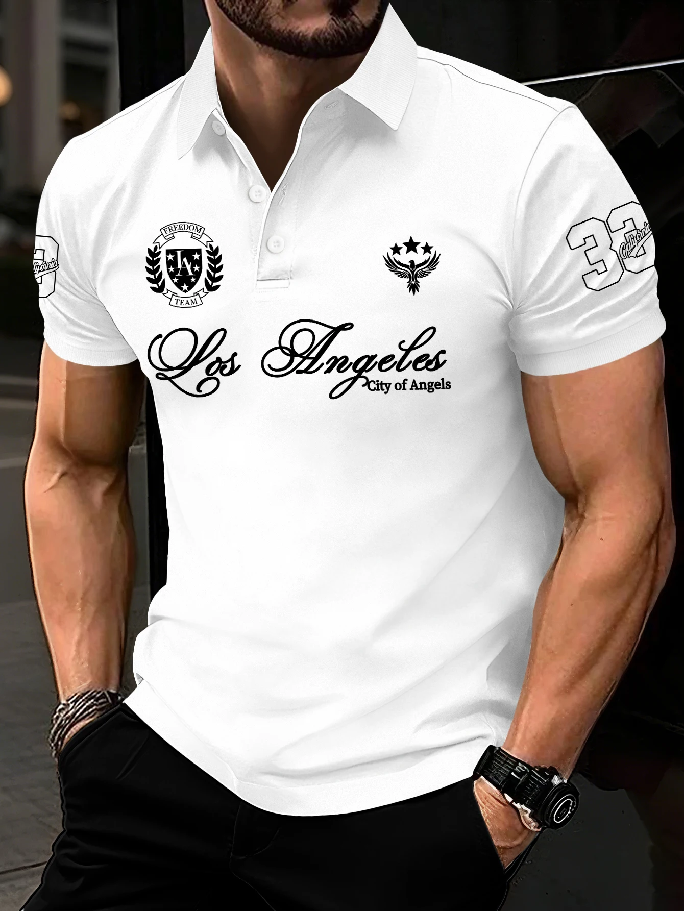 Men Los Angeles City Of Angels Freedom Laurel Shield Eagle Number 33 Sleeve Print Short Sleeve Polo Shirt S-XXL