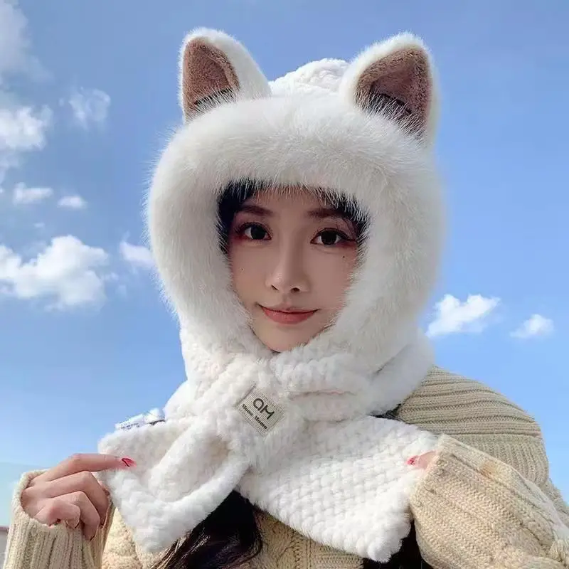 Cartoon Cute Fox Ears Plush Baotou Ear Protection Winter Warm Hat Collar Scarf Integrated Winter Autumn Winter