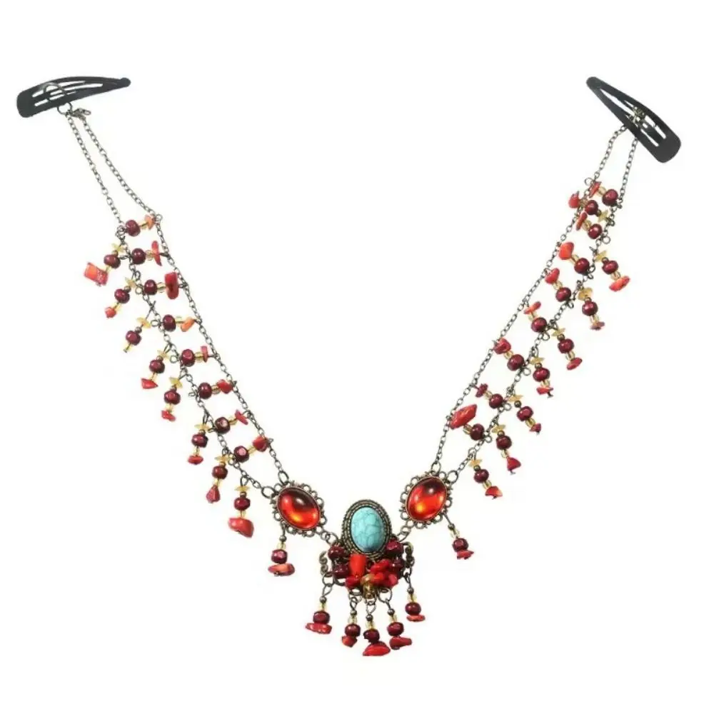 

Vintage Ethnic Style Head Chain Multicolors Beads Handcrafted Festival Forehead Chain Eyebrow Pendant Tibetan Style