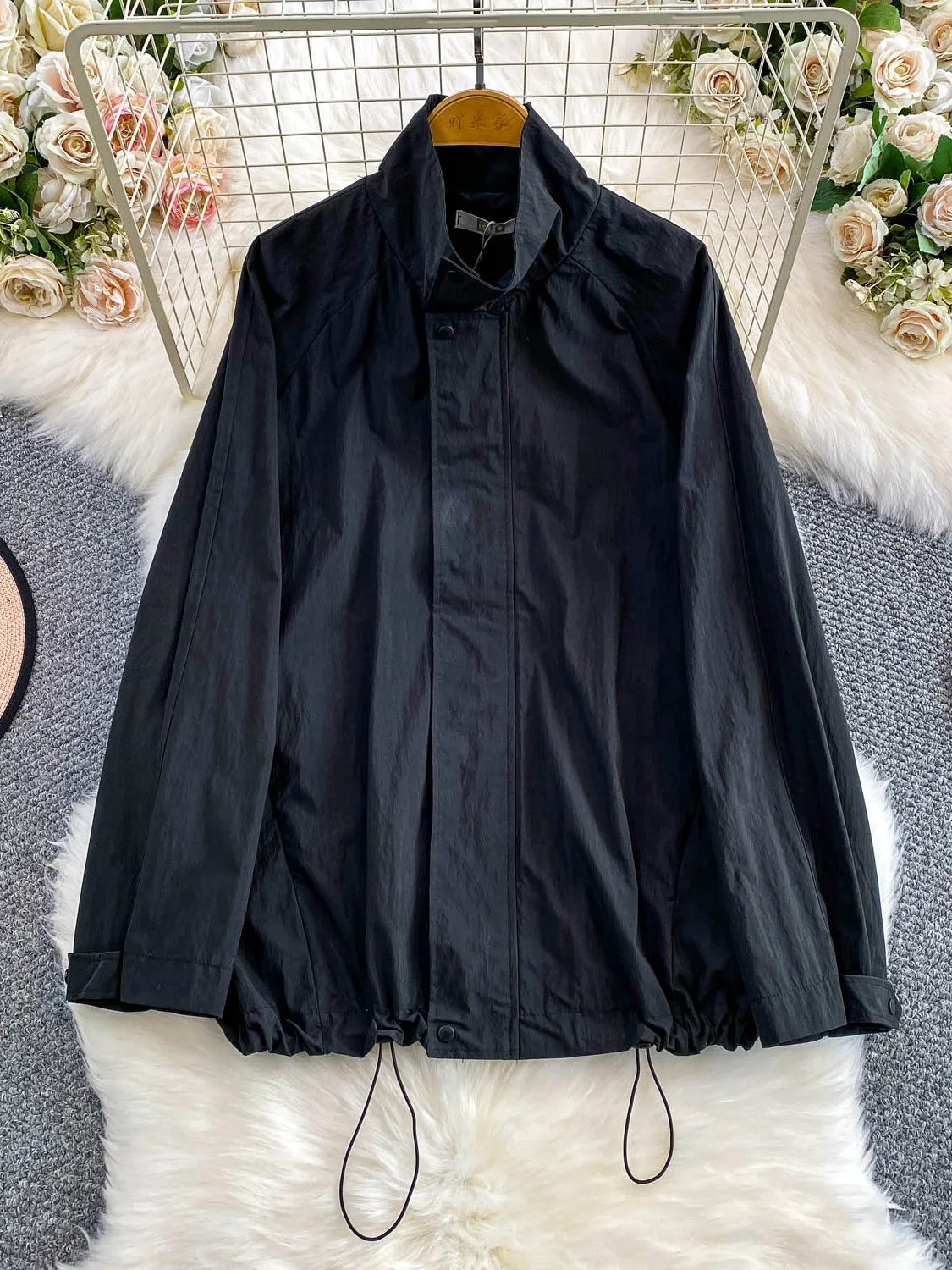 Zonbescherming Casual Lange Sve Turn-down Kraag Dames irt Herfst Winter Losse Dstring Topjas voor dagelijks gebruik