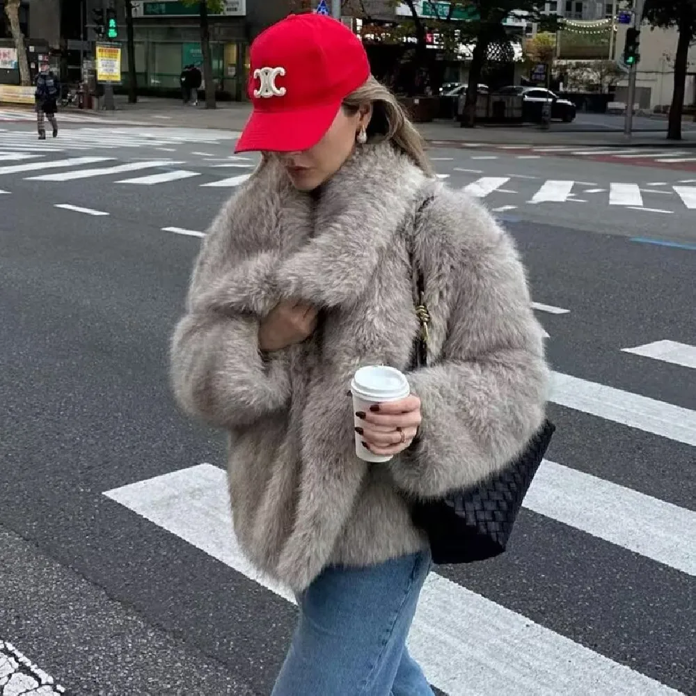   Veste à revers en fausse fourrure pour femmes, nouvelle collection 2021, respectueuse de l'environnement, haut de gamme, ample, chaude, à la mode, Slim