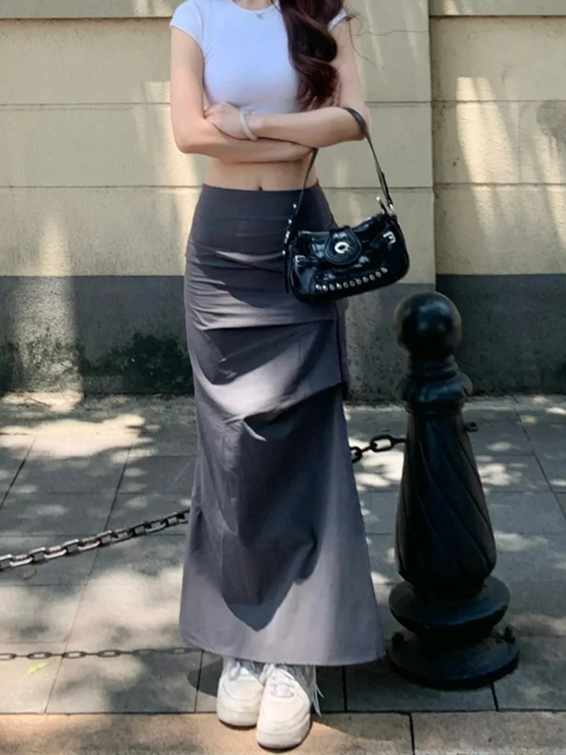 Gray American Workwear Style Half Skirt Women's New 2026 Spring Design A-Line Slit Bodycon Long Skirt Trendy Casual High Waist