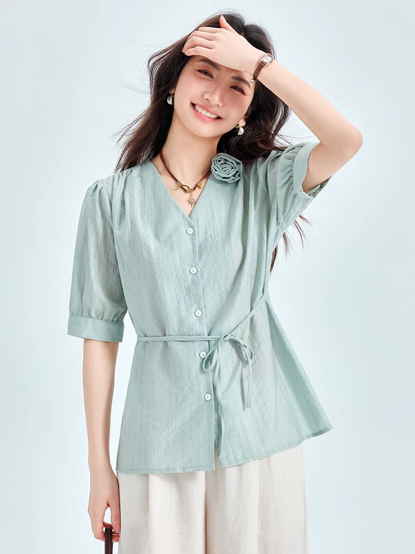 

Elegant V-Neck Short Sleeve Shirt Women's Top Waist-Cinching Belted French Style Summer New High-End OL Goddess Look Blouse