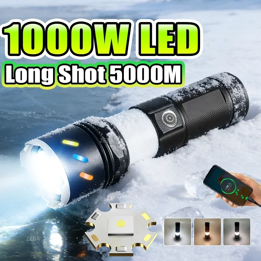 

1000W Ultra Bright LED Flashlights Most Powerful Torch Light Strong Light 5000M Rechargeable Portable Lamp With COB Light