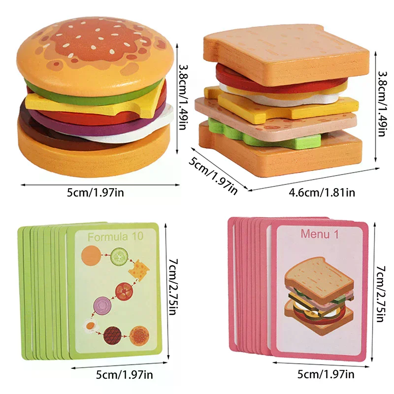 Wooden Hamburg Sandwich Stacking Toys For Toddlers And Kids Montessori Preschool Educational Toys Fine Motor Skill Kitchen Toy