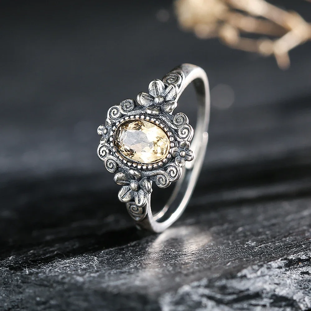 S925 Sterling Silver Citrine Ring Adjustable Stackable Bands Yellow Crystal November Birthstone Handmade Floral Boho Jewelry