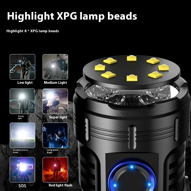 LED Flashlight High Power USB Rechargeable 8 * XPG Beads Lantern Tail Magnet Clip Torch Waterproof Portable Mini Lighting Lamp