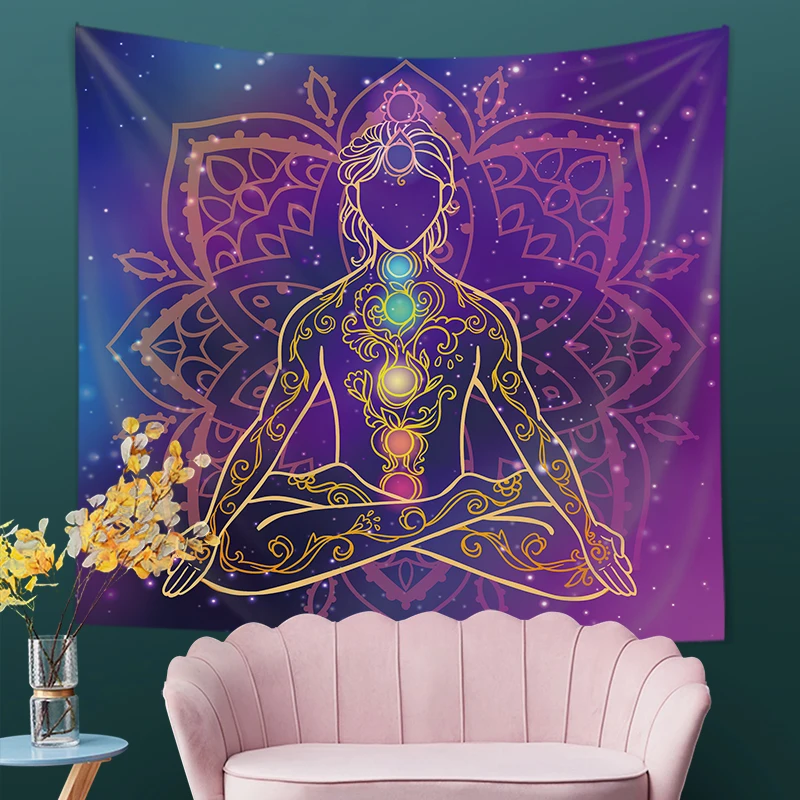 Indian Buddha Statue Meditation 7 Chakra Tapestry Wall Hanging Mandala Cloth Psychedelic Yoga Carpet Sizes Travel Boho Decor