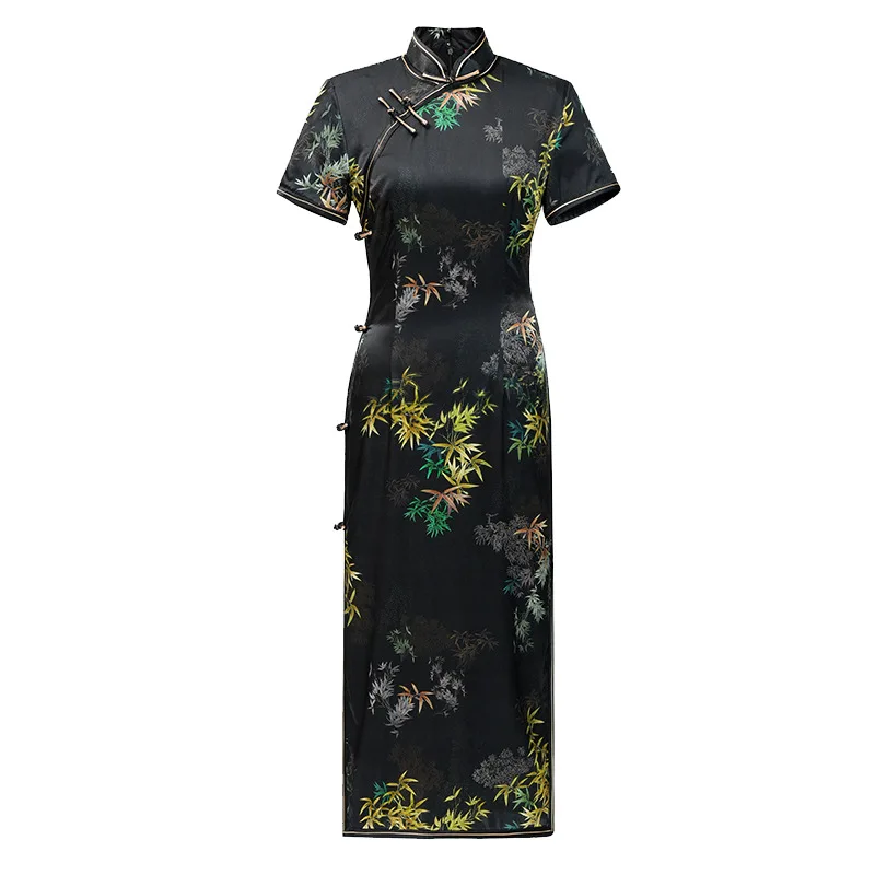 High Quality Chinese Women's High-End Black Bamboo New Real Silk Cheongsam Qipao Temperament Long Daily Improvement