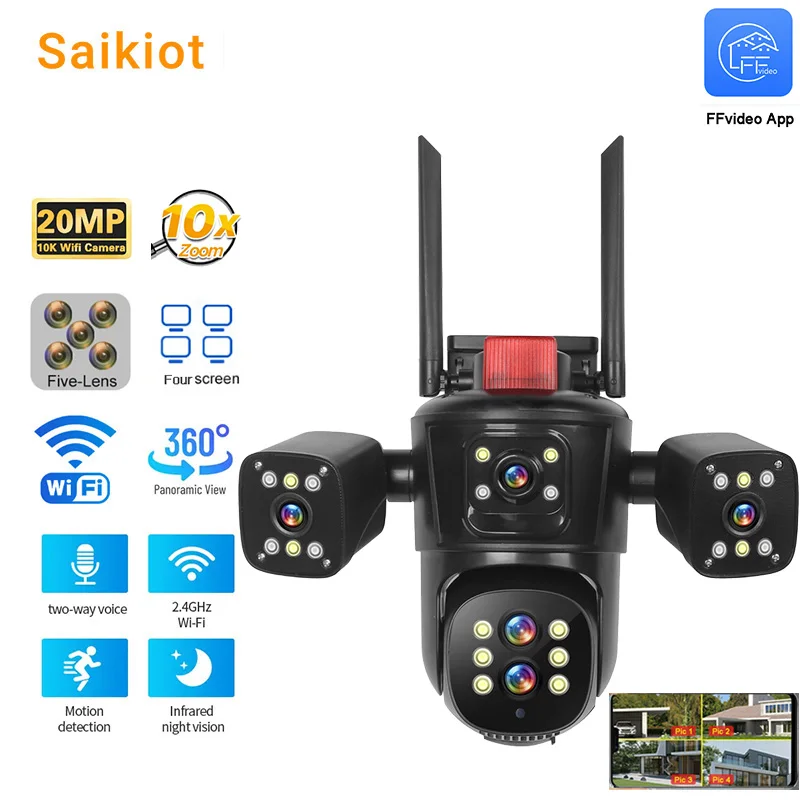 Saikiot 20MP 10X Optical Zoom WIFI PTZ Camera 5 Lens 4 Screens CCTV Security Outdoor PTZ Camera Auto Tracking Network IP Camera