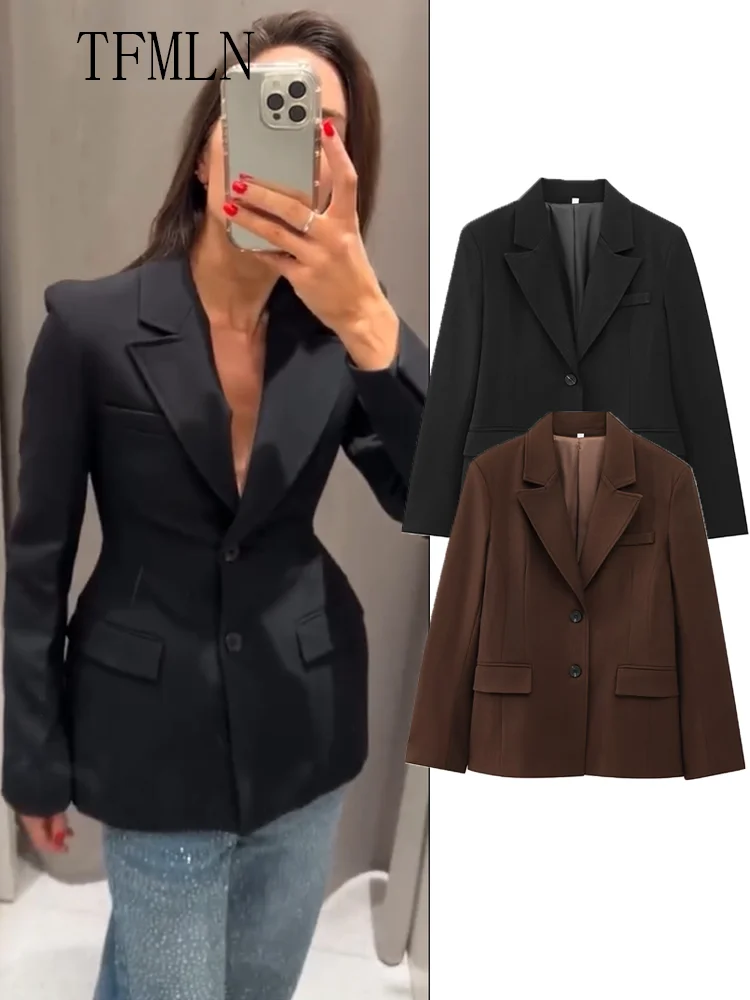

TFMLN 2025 Autumn Women Slim Blazer Jackets Chic Office Ladies Long Sleeve Pockets Coats Fashion Single Breasted Notched Outwear
