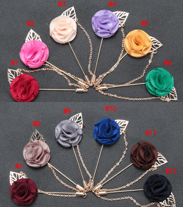 24 pcs/lot , Men's Flower Lapel Pin With a Chain, Wedding Boutonniere, Suit Accessories