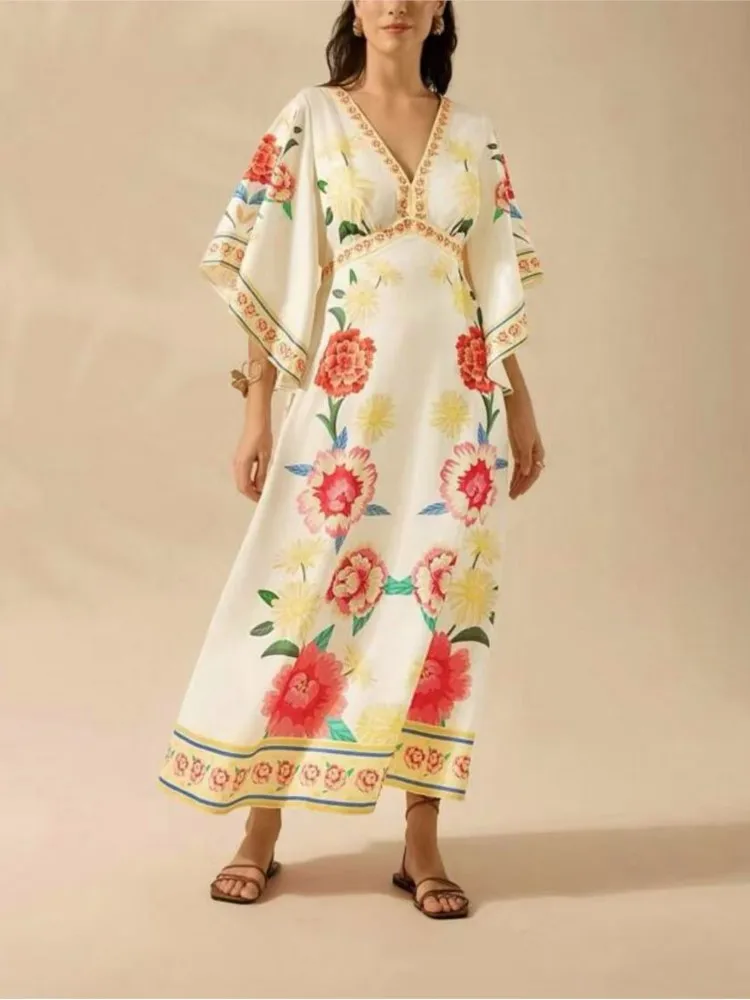 

Elegant V-neck Half-sleeved Dress Women's Spring Summer Fashion Flower Printing Loose Casual Spliced ​​Dresses Female