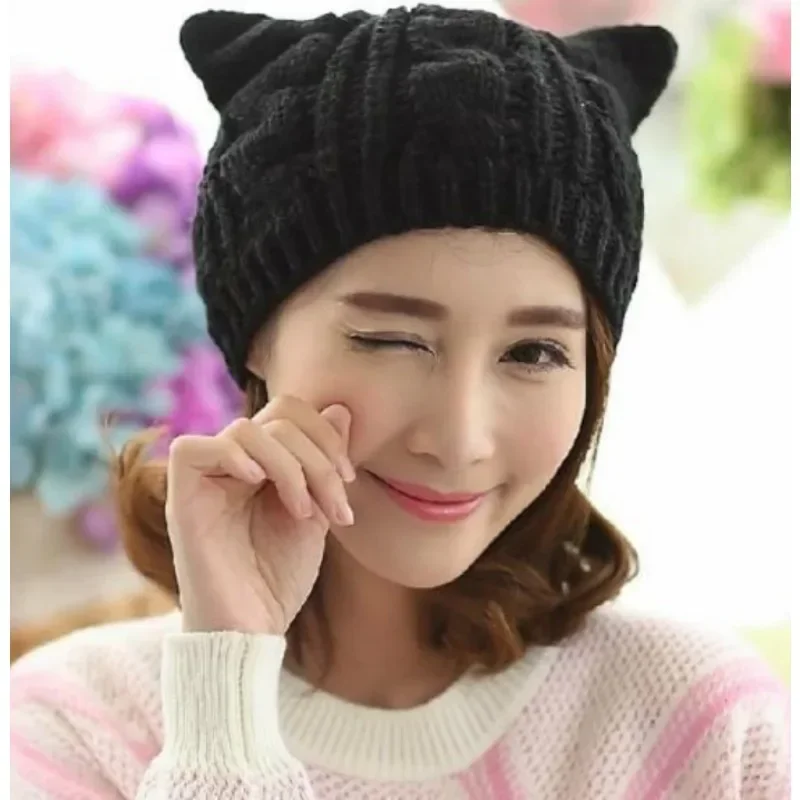 2024 Cat Ear Knit Hat solid Warm Pig Ear Woolen Hat Cute Fashion Hooded Cap Niche Design Hip-hop Personality Cold Hat